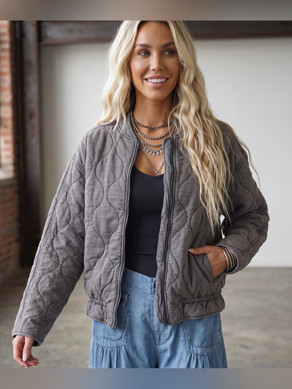 NWT Easel Boho Vintage Washed Denim Color Quilted Bomber Jacket - Picture 5 of 6
